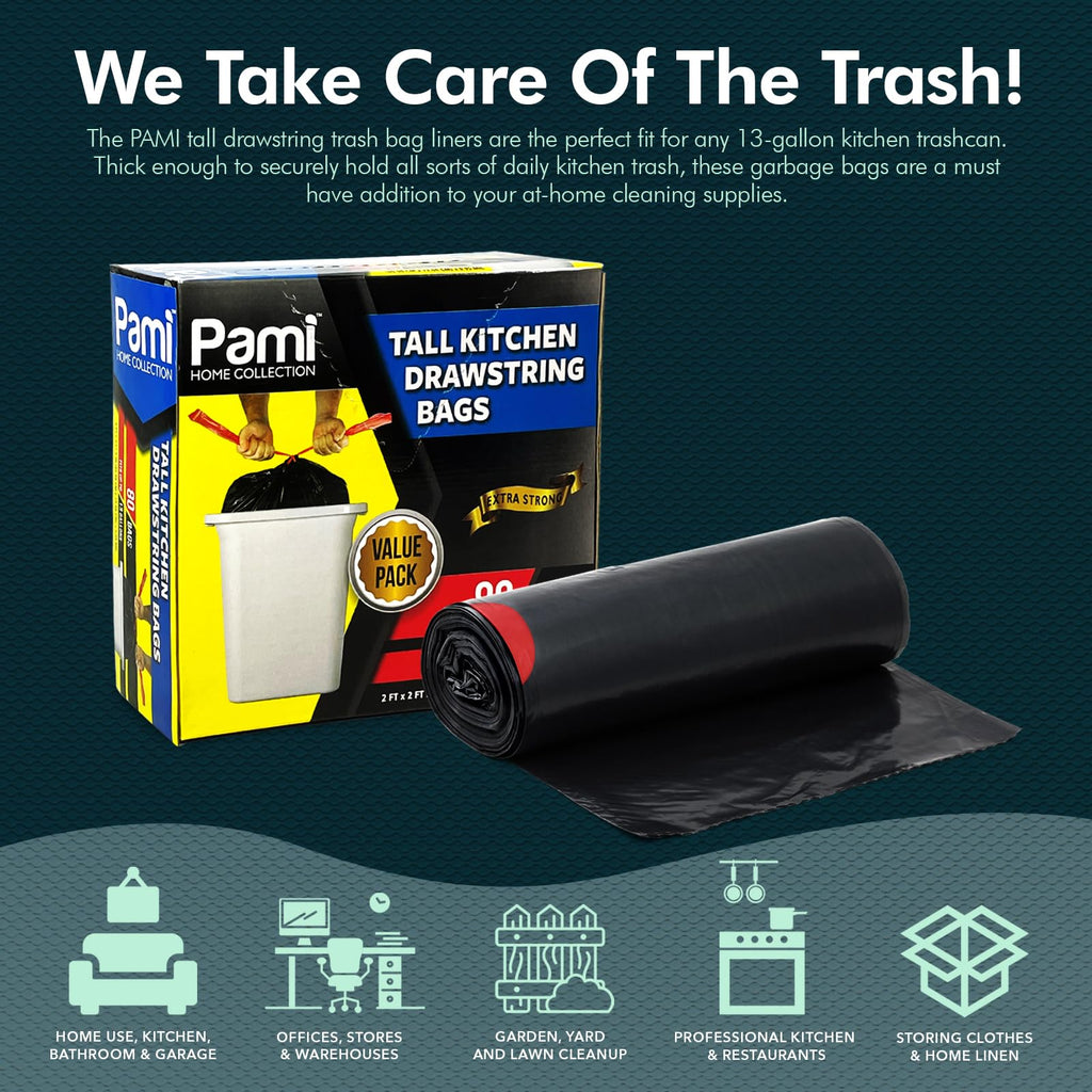 PAMI Tall 13-Gallon Kitchen Drawstring Trash Bags [80-Pack, Black] - Extra-Strong Plastic Garbage Bags- Thick Trash Can Liners For Kitchen, Bathroom & Outdoor Bins- 2ft x2ft Unscented Trash Bags