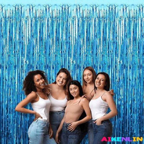 Lake Blue Foil Fringe Curtain Backdrop by [Brand Name] - 4 Pack Metallic Tinsel Streamers | 3.2Ft x 9.8Ft for Parties, Weddings, and Events