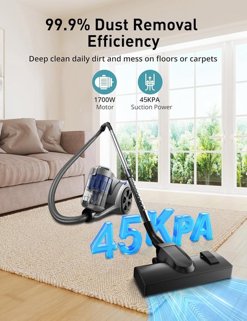 Aspiron 1700W Bagless Canister Vacuum Cleaner - Multi-Cyclonic Filtration & HEPA Filters | Purple, 3.5QT Dust Cup