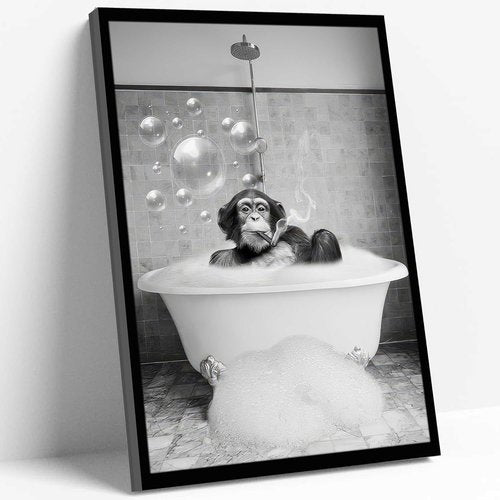 Chimpanzee Art by Framed | Fun Black and White Bathroom Canvas | Retro Animal Decor 8x10 Inches