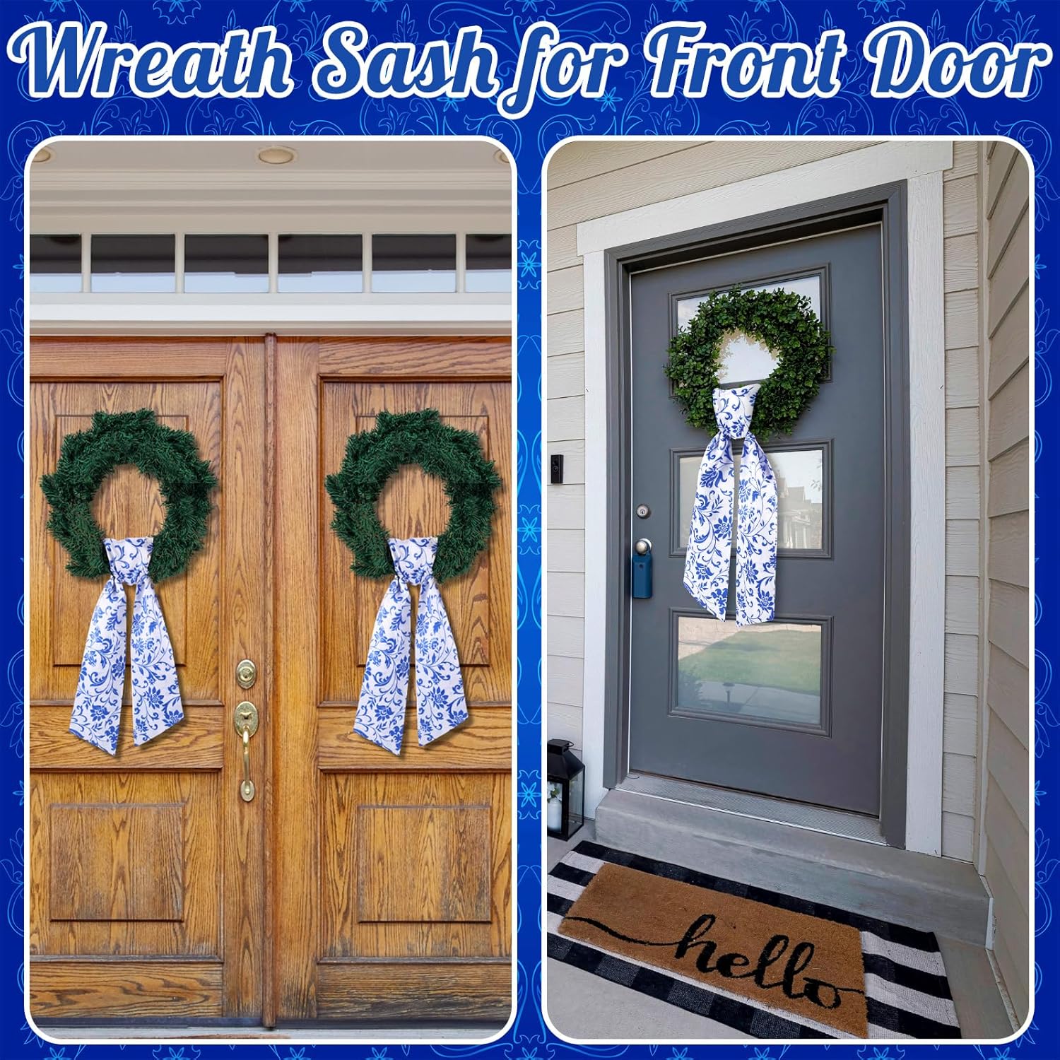 VitalCozy Wreath Sash Set - Elegant Blue Chinoiserie Ribbon for Indoor/Outdoor Decor | 4.5" W x 56" L