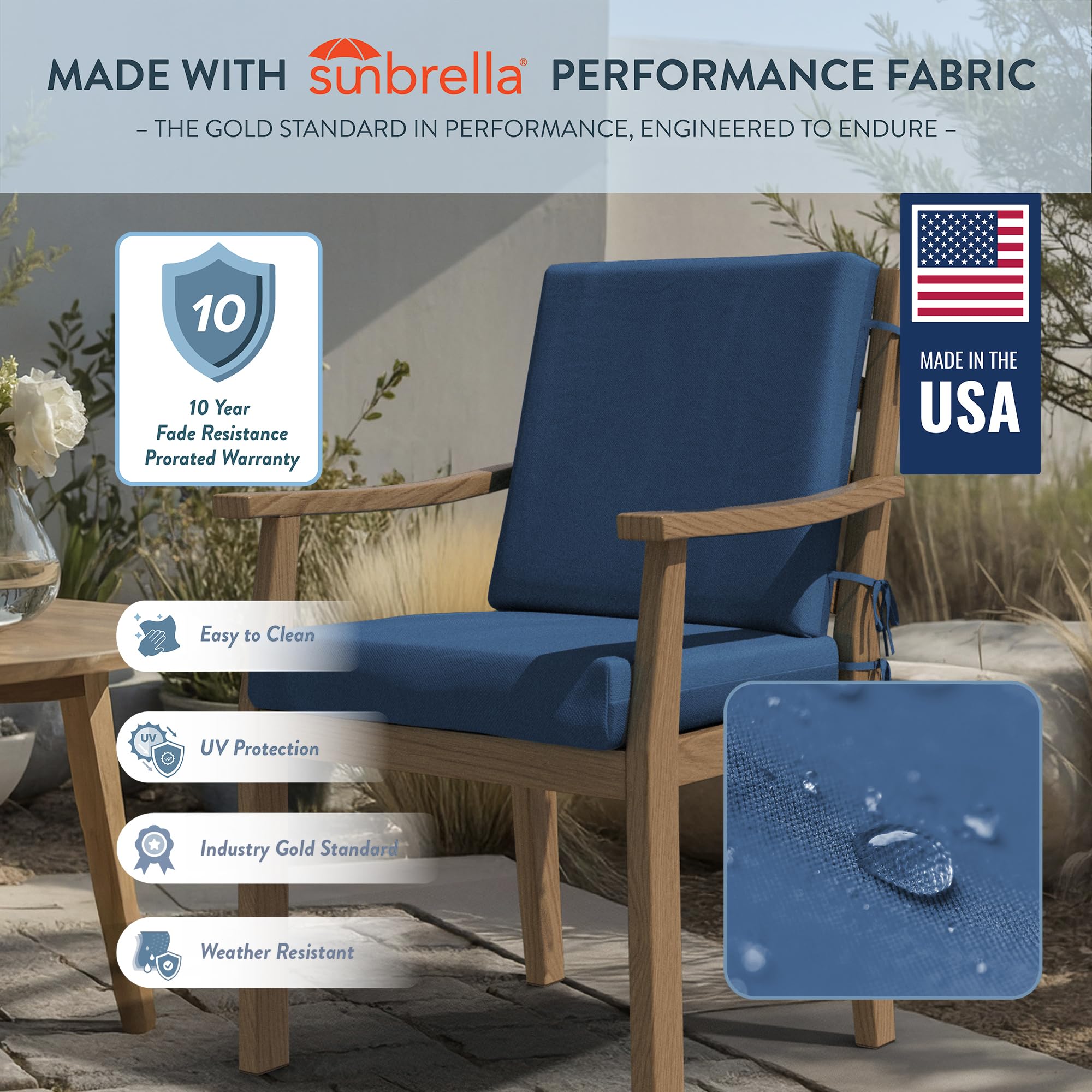 California Umbrella Outdoor Dining Chair, Patio Seat Cushion, 20 x 40 Inch, Premium Outdoor Memory Foam, Fade Resistant Sunbrella Fabric, Fabric Ties,Regatta