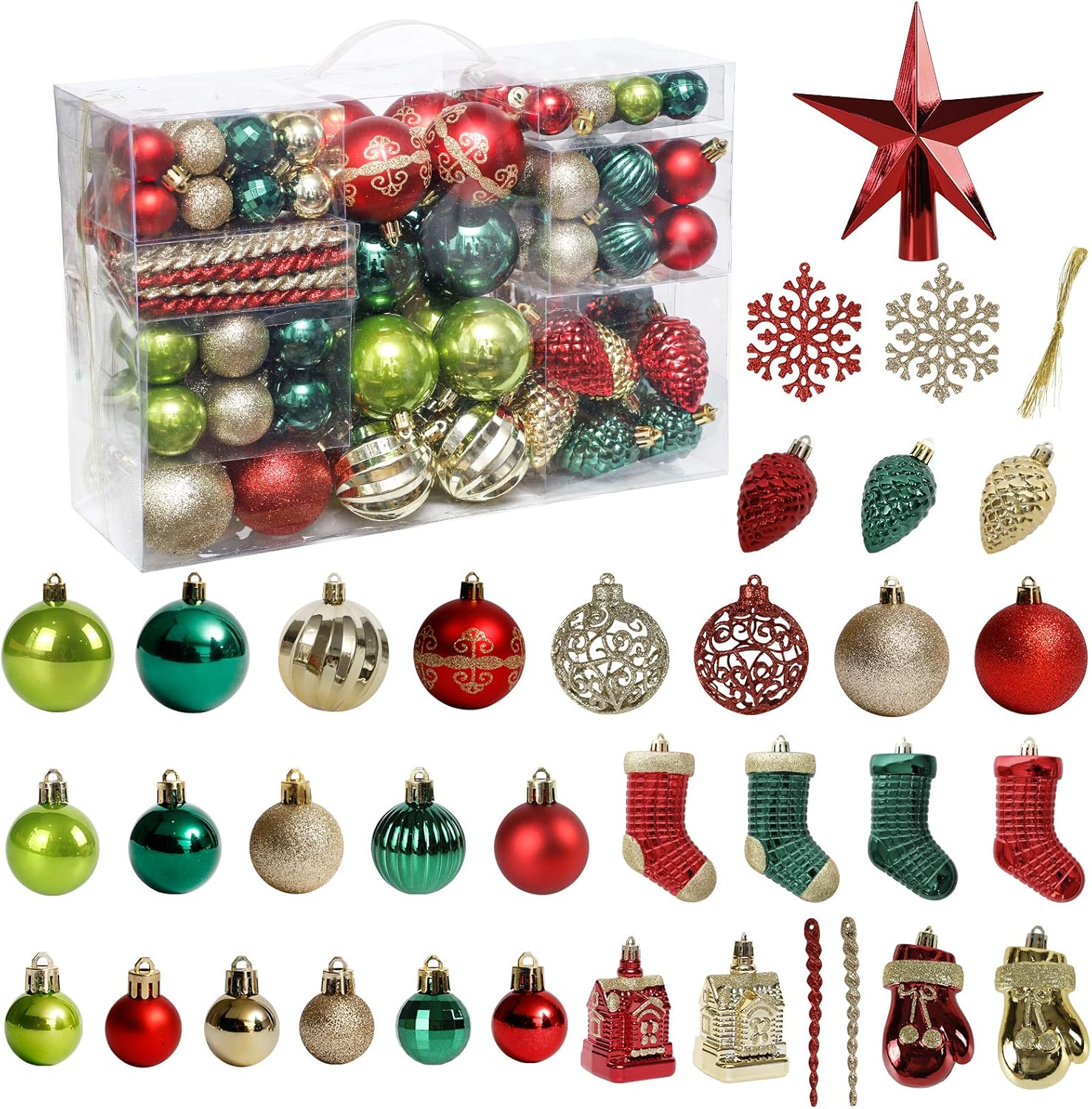 Roseleaf 132-Piece Christmas Tree Decoration Set - Shatterproof Red, Green & Gold Ornaments | Folk Art Style