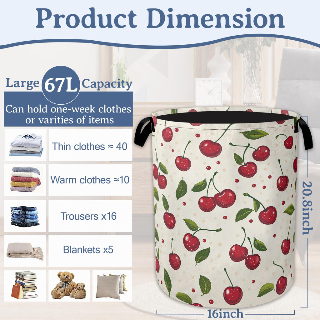 Cute Cherry Laundry Basket,Foldable Oxford Cloth Laundry Hamper With Handle, 20.8"x16" Portable Clothes Storage Basket Bag for Laundry Room/Bathroom/Bedroom/Dormitories