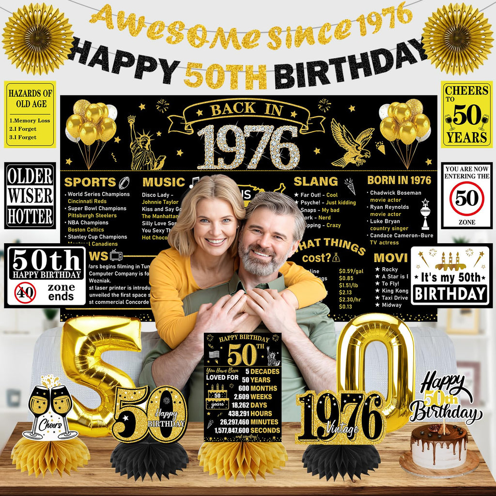 Turypaty 1976 50th Birthday Decorations for Men Women, Black Gold Happy 50 Years Old Birthday Banner Backdrop Wall Sign Balloons Sash Table Cake Topper Honeycomb Centerpieces Paper Fans Party Supplies