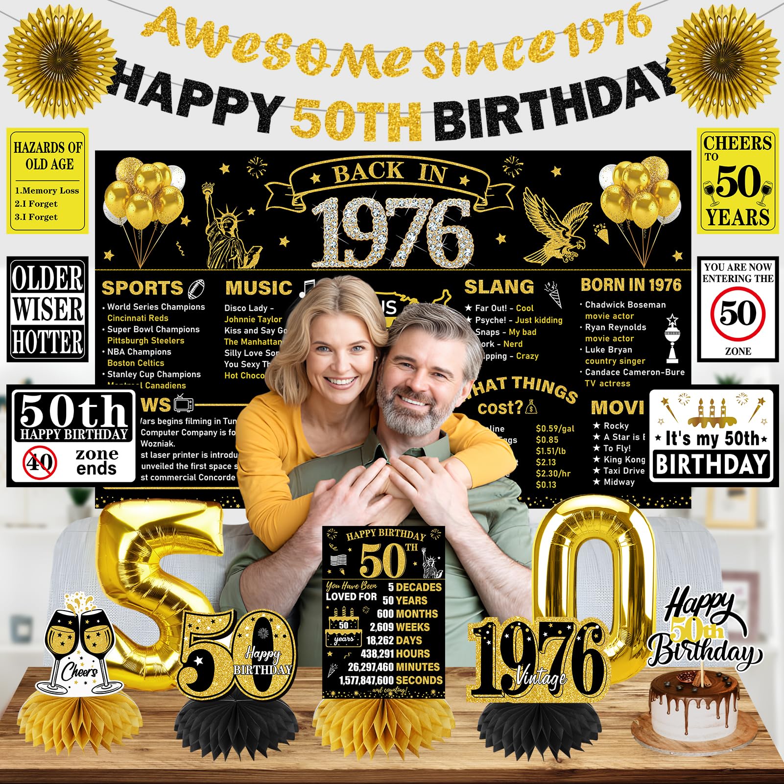 Turypaty 1976 50th Birthday Decorations for Men Women, Black Gold Happy 50 Years Old Birthday Banner Backdrop Wall Sign Balloons Sash Table Cake Topper Honeycomb Centerpieces Paper Fans Party Supplies