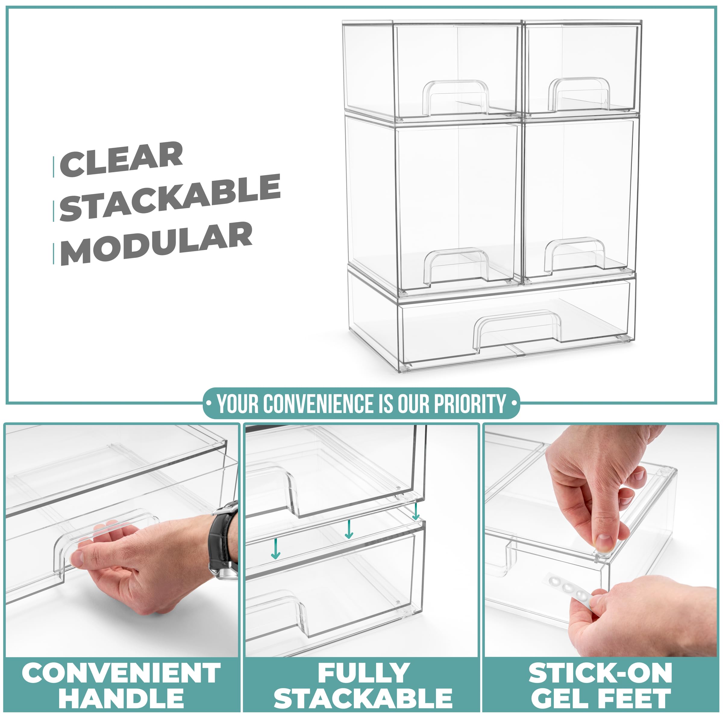 Sorbus Stackable Acrylic Storage Drawers – 2 Small + 2 Tall + 1 Wide – 5 Pack Clear Plastic Organizer Bins for Baby Bottles, Makeup, Bathroom & Vanity, Pull-Out Drawer Design for Kitchen Cabinets