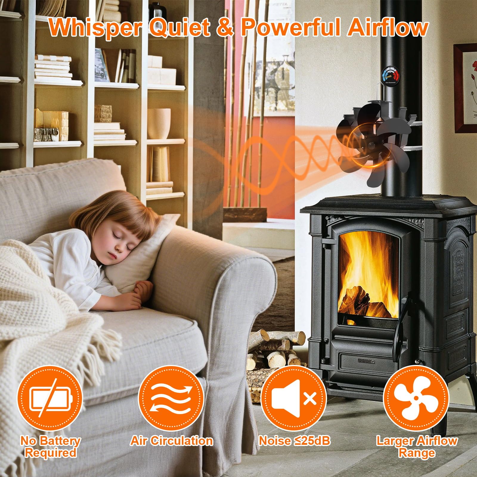 Heat Powered Fireplace Fan Wall Mounted, Wood Stove Fan Thermal Fan for Wood/Log Burning Stove Pellet/Gas Burner, Stove Accessories Thermometer (6 Blade)