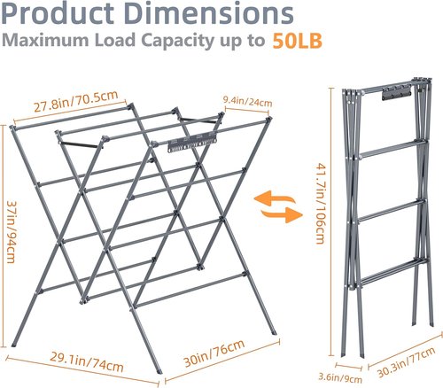 HOMIDEC Drying Rack - Large 12-Pole Foldable Laundry Drying Rack with Sock Clips | Indoor/Outdoor Use, Silver