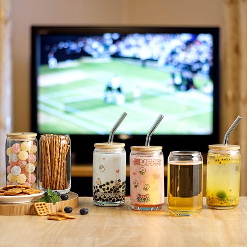 VITEVER [ 20pcs Set ] Glass Cups with Bamboo Lids and Glass Straw - Beer Shaped 16 oz Iced Coffee Drinking Glasses, Cute Tumbler Cup for Smoothie, Boba Tea, Whiskey, Water
