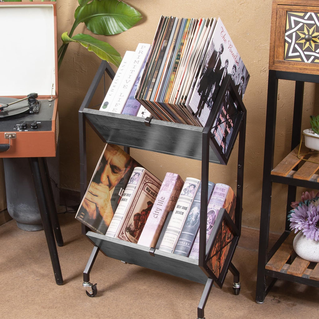 SwaaVee Vinyl Record Storage Holder with Wheels, 2-Tier Record Holder 160-200 LP with Dividers, Retro Style Quick Assembly Vinyl Record Display for Albums, Magazine, Book, Files(2 Tier- Gray)