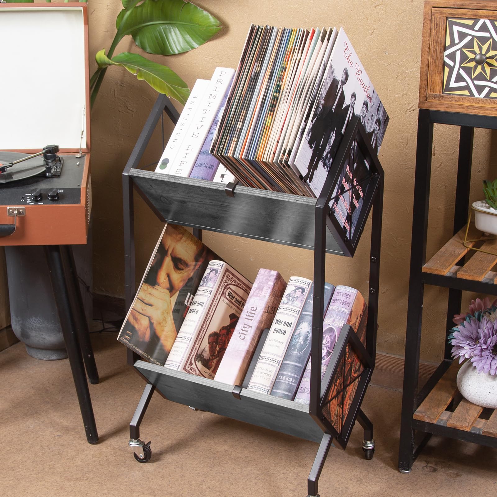SwaaVee Vinyl Record Storage Holder with Wheels, 2-Tier Record Holder 160-200 LP with Dividers, Retro Style Quick Assembly Vinyl Record Display for Albums, Magazine, Book, Files(2 Tier- Gray)