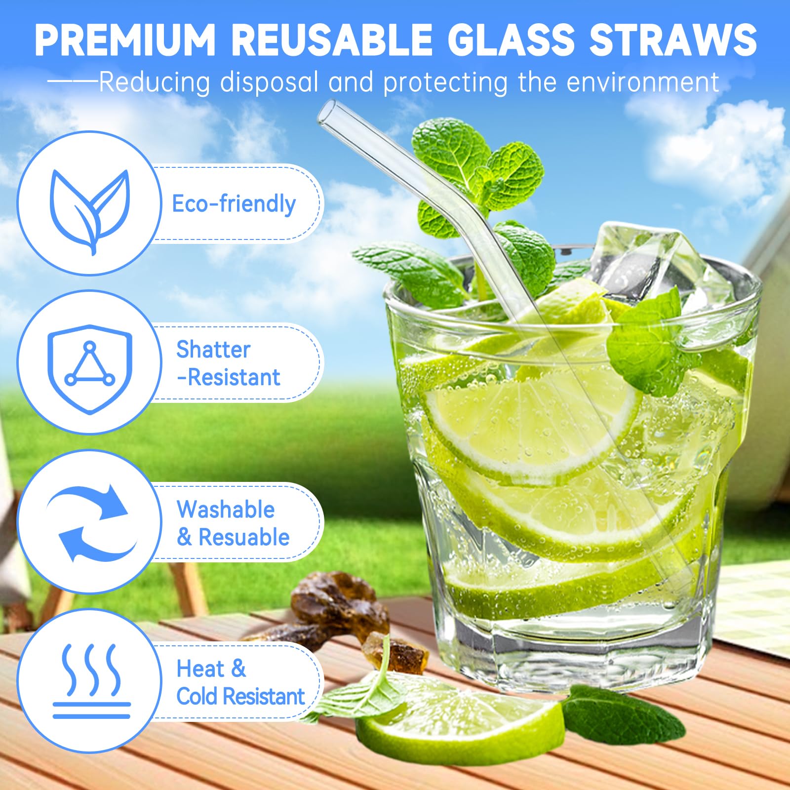 10 Pcs Reusable Bent Glass Straws, 6 in x 8 mm Clear Short Reusable Drinking Straws with 2Pcs Cleaning Brush, Bent Glass Straws Short for Coffee, Whiskey, Beverages, Juices, Dishwasher Safe