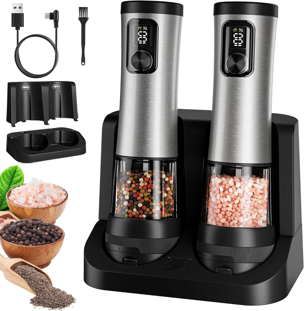 Skiennix Electric Salt and Pepper Grinder Set - Rechargeable Stainless Steel Mill with LED Light & 100ml Capacity