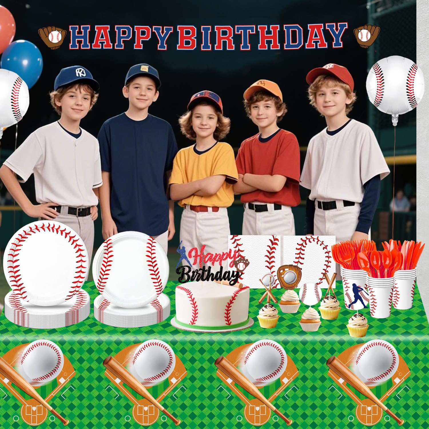 Oigco 140 PCS Baseball Birthday Decorations, Baseball Party Supplies Includes Plates, Napkins, Cups, Cutlery for Baseball Party Decorations, Serve 20