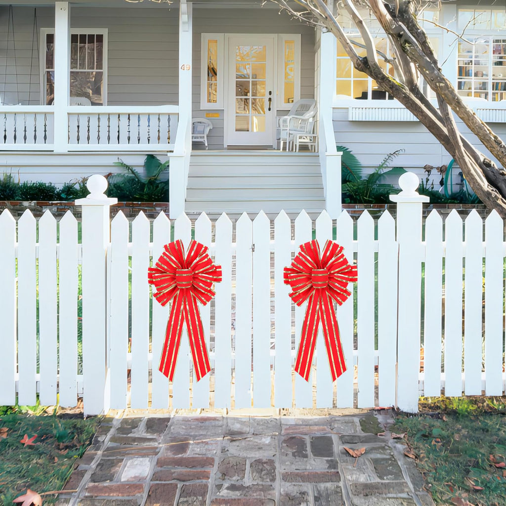 RoseCraft 2PCS Red/Gold Christmas Bow, 9”x13” Large Velvet Christmas Tree Topper Bow Ornaments for Home Xmas Tree Wreath Fence Stairs Railing Fireplace Front Door Party Valentine's Day Decoration.