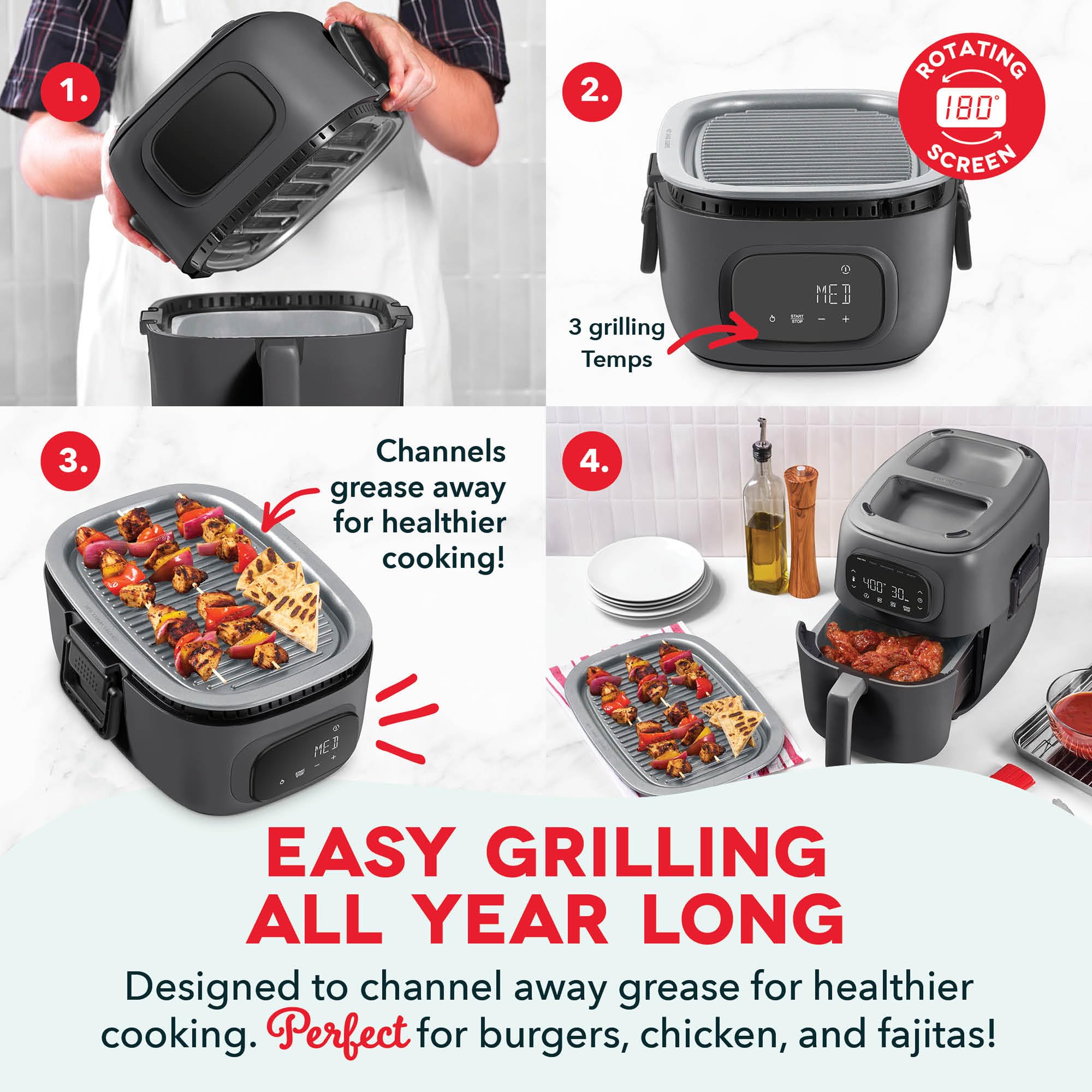 Dash Flip & Fry™ Digital 2-in-1 Grill & Air Fryer - Has AirCrisp® Technology - Digital Touchscreen, Ceramic Nonstick Grill Plate & Special Dehydrate Function - 7 Quarts - Forged Iron