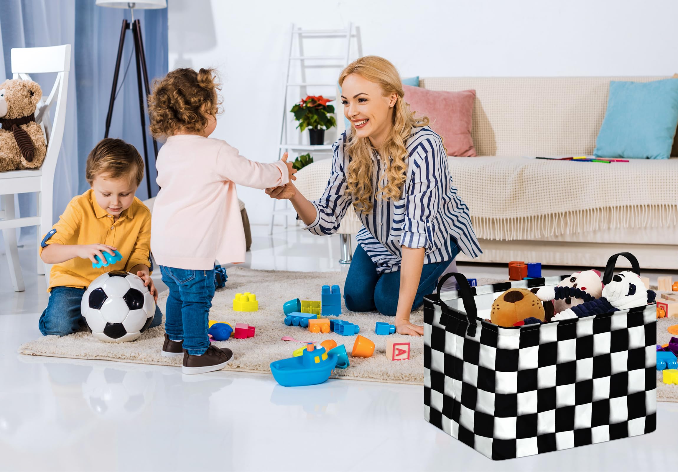 KUNRO Rectang Checkered Flag Storage Basket Gift Shelf Basket Storage Bin, Nursery Basket Organizer Box for With Handles for Room Deco