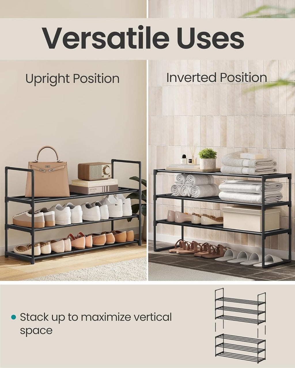 SONGMICS Shoe Rack - 3-Tier Metal Organizer for 16-20 Pairs | Stackable & Versatile Design, Black 11.8 x 36.2 x 21.7 Inches