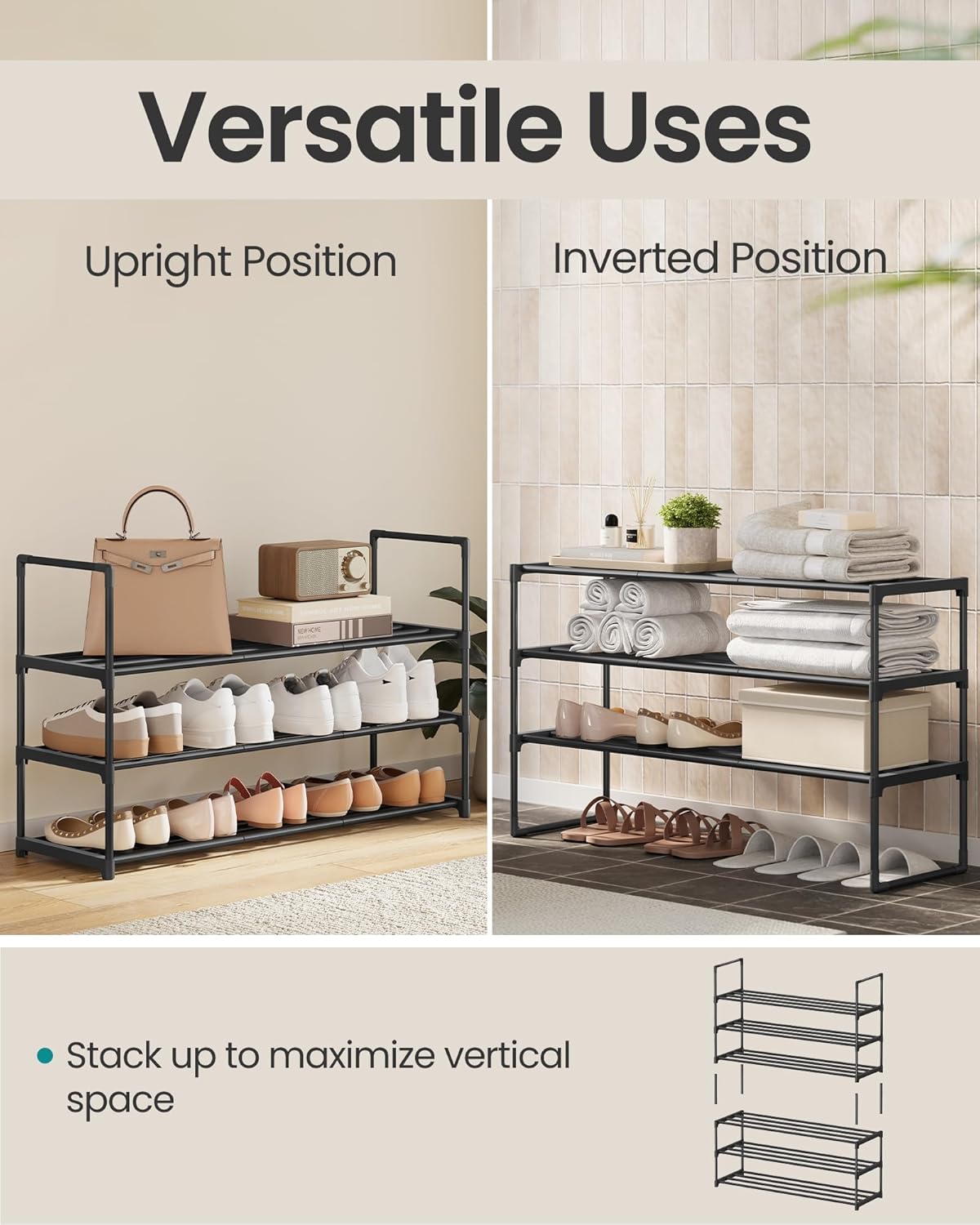 SONGMICS Shoe Rack - 3-Tier Metal Organizer for 16-20 Pairs | Stackable & Versatile Design, Black 11.8 x 36.2 x 21.7 Inches