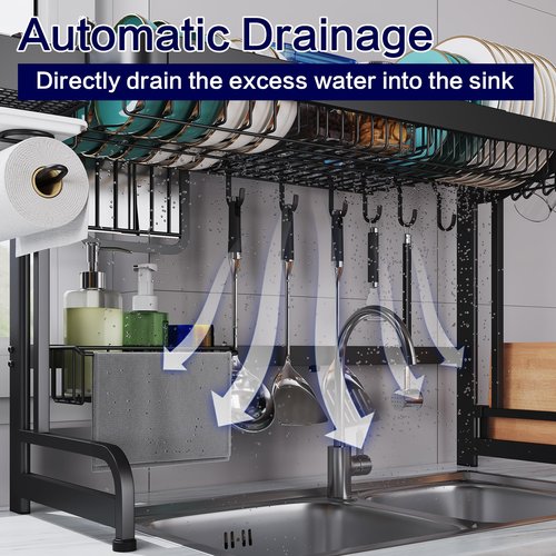 LIVOD Over Sink Dish Drainer Drying Rack, 2 Tier Full Stainless Steel Storage Adjustable Length Kitchen Rack, Multifunctional Expandable Counter Organizer, Space Saver Dish Rack