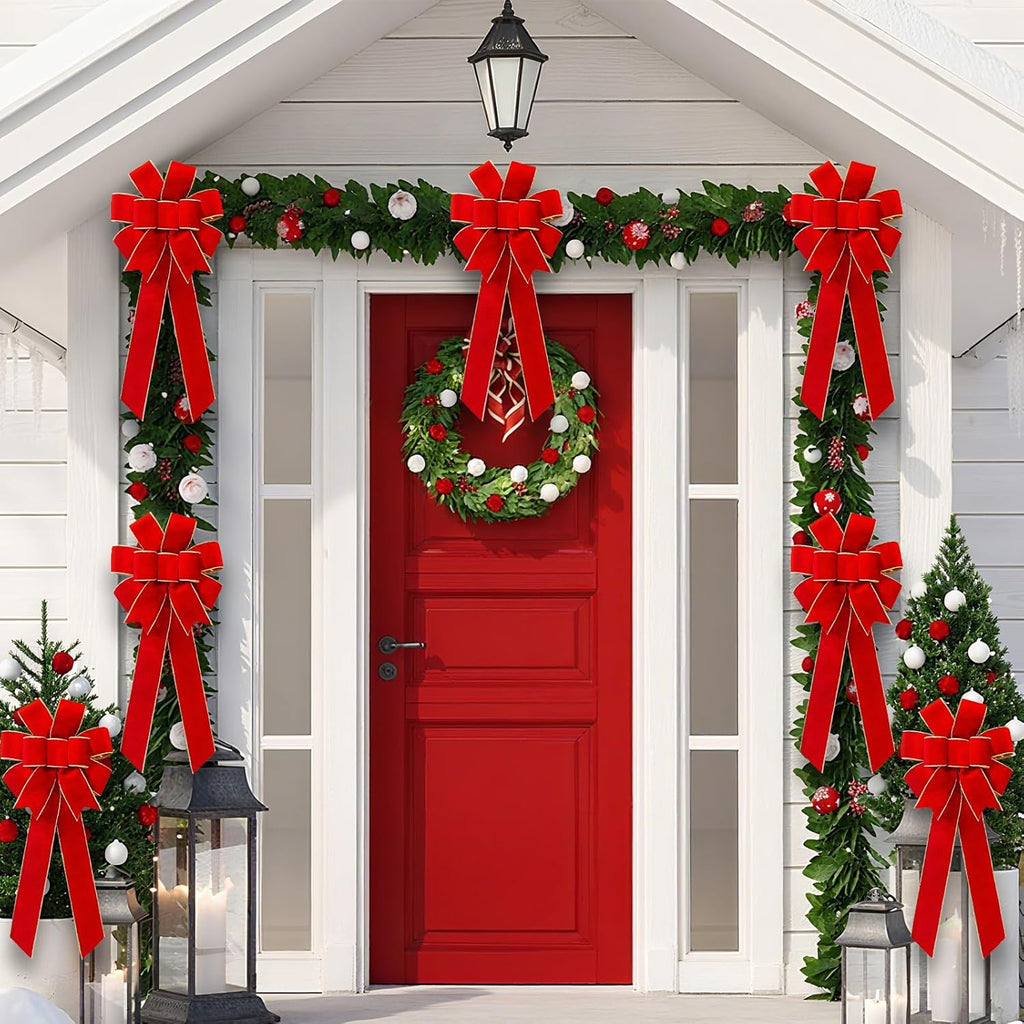 Red Velvet Christmas Bows - Gold Wired Decorative Bows for Wreaths, Trees & Outdoor Use | Gift Box Included