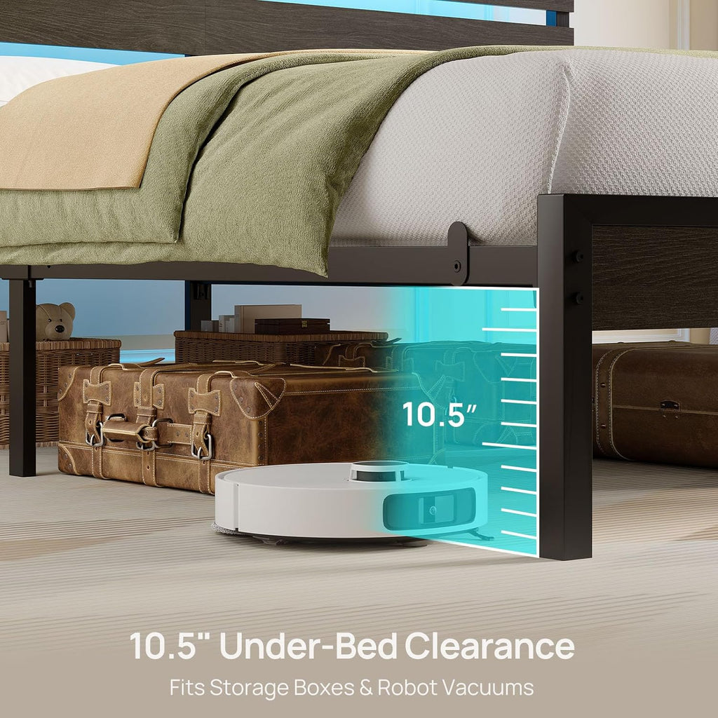 Rolanstar Full Size Bed Frame - USB Charging Station & LED Wood Storage Headboard - Black Metal Design