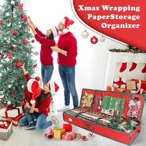 Gift Wrap Organizer by [Brand Name] - Sturdy 600D Oxford Fabric Storage Bag for Christmas Wrapping Paper | Large Capacity Red