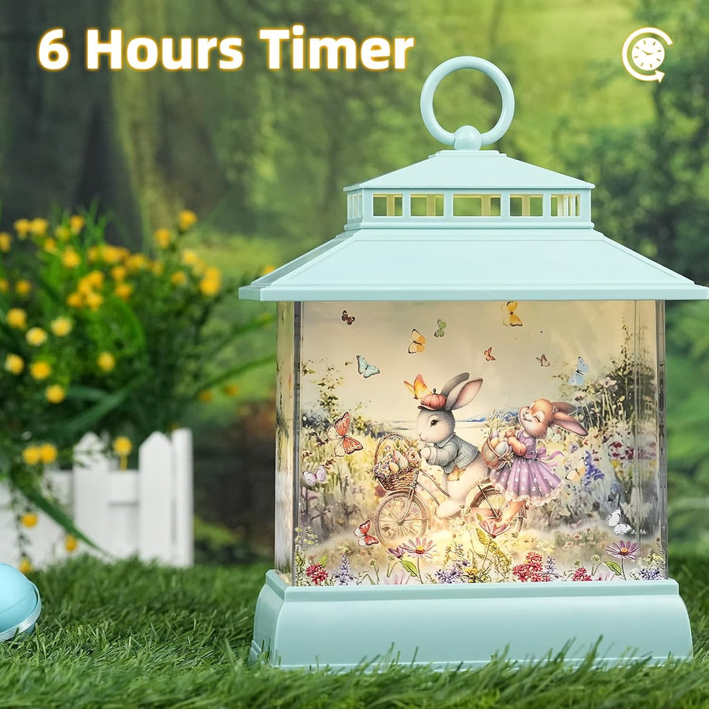 Skiennix Easter Snow Globe Lantern - Light-Up Bunny & Egg Decor with Timer | Glitter Spring Tabletop Decoration