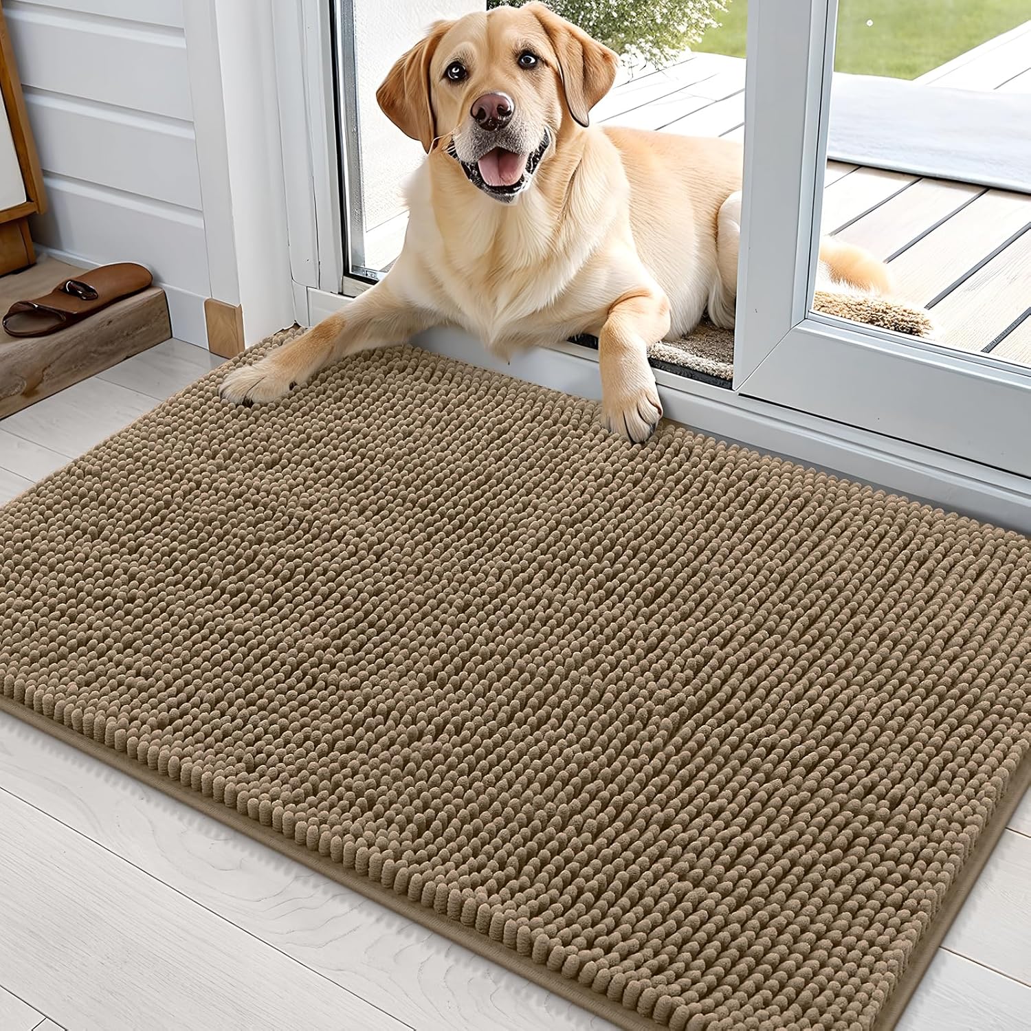 OLANLY Dog Door Mat - Absorbent Non-Slip Chenille Mat for Muddy Paws | 36x24 Tan Indoor Entryway Carpet