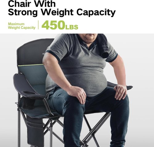 Green Party Folding Camping Chair - Oversized Heavy-Duty Lawn Chair with Cooler Bag & Cup Holder | Collapsible Padded Armchair