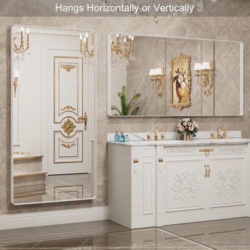 LOAAO Bathroom Mirror - 72x32 Inch White Metal Framed Large Rounded Rectangle | Anti-Rust Tempered Glass, Versatile Hanging Options