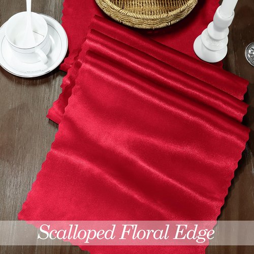 Eychei 6 Pack Red Satin Table Runner 12 x 72 Inch Long,Bright Smooth Table Runner with Scalloped Edges,Silky Dinner Table Runner Decorations for Weddings,Banquet,Birthday Parties,Graduations