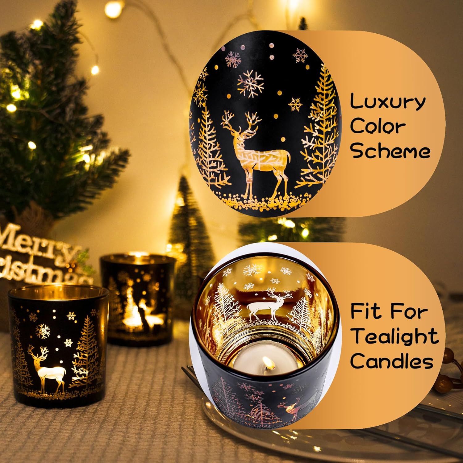 Skiennix Votive Candle Holders - Black and Gold Glass Tealight Set of 3 | Festive Elk, Tree & Snowflake Design