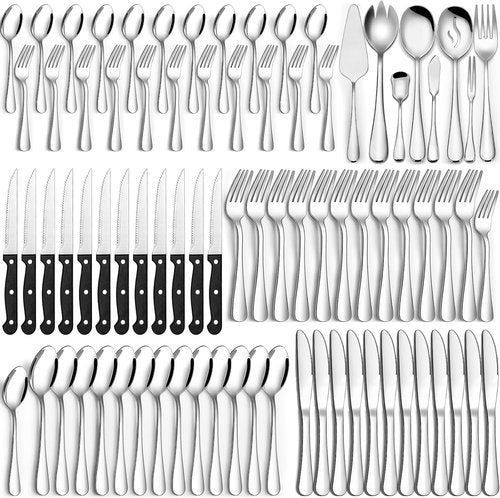 CEKEE Stainless Steel Silverware Set - 80 Pieces Flatware with Serving Utensils for 12 | Heavy Duty & Dishwasher Safe