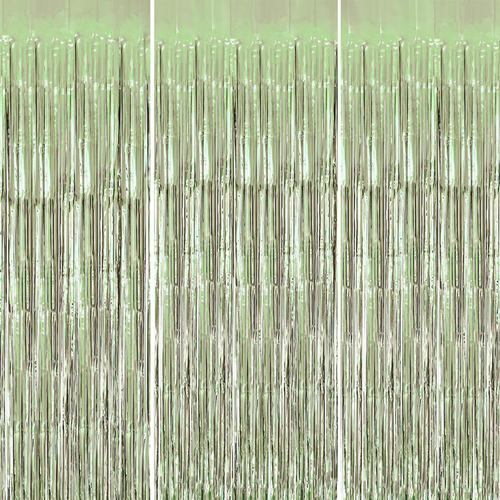 DECOCKRAT 3 Pack Foil Fringe Backdrop - Light Green Shiny Tinsel Curtains for Party Decoration/Photo Booth Props - 3.3x8.2 FT Metallic Foil Backdrop for Birthday, Wedding, Graduation, Christmas