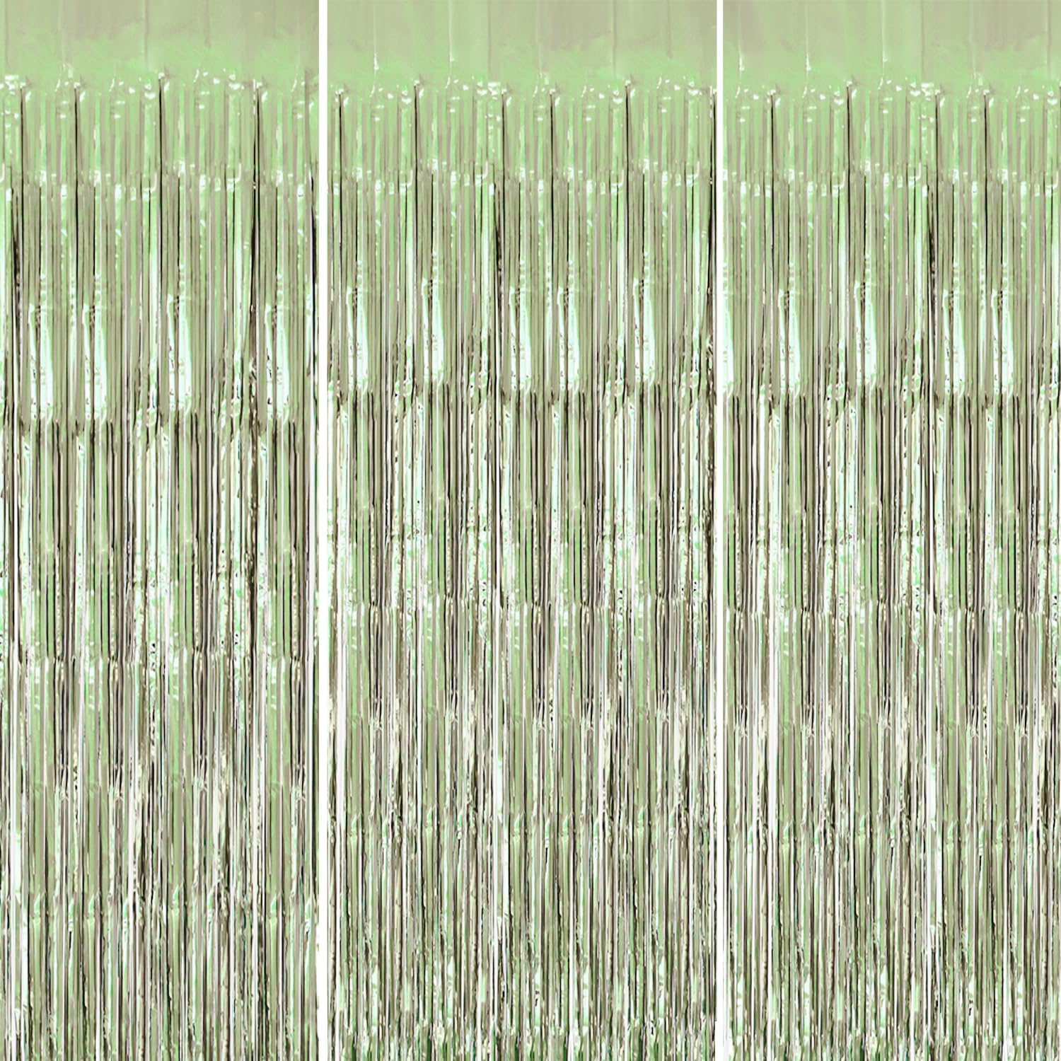 DECOCKRAT 3 Pack Foil Fringe Backdrop - Light Green Shiny Tinsel Curtains for Party Decoration/Photo Booth Props - 3.3x8.2 FT Metallic Foil Backdrop for Birthday, Wedding, Graduation, Christmas
