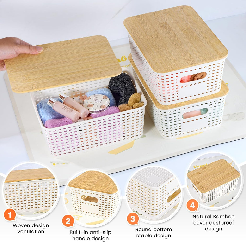 Ohmlove Plastic Storage Baskets - Stackable Containers with Bamboo Lid for Organizing | 6-Pack Set