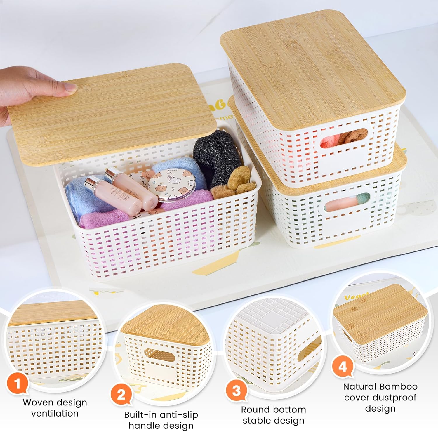 Ohmlove Plastic Storage Baskets - Stackable Containers with Bamboo Lid for Organizing | 6-Pack Set