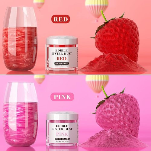 Cherrysea Luster Dust Edible Set - Food Grade Shimmer Powder for Cakes & Cocktails | 4g Bottles - Red & Pink