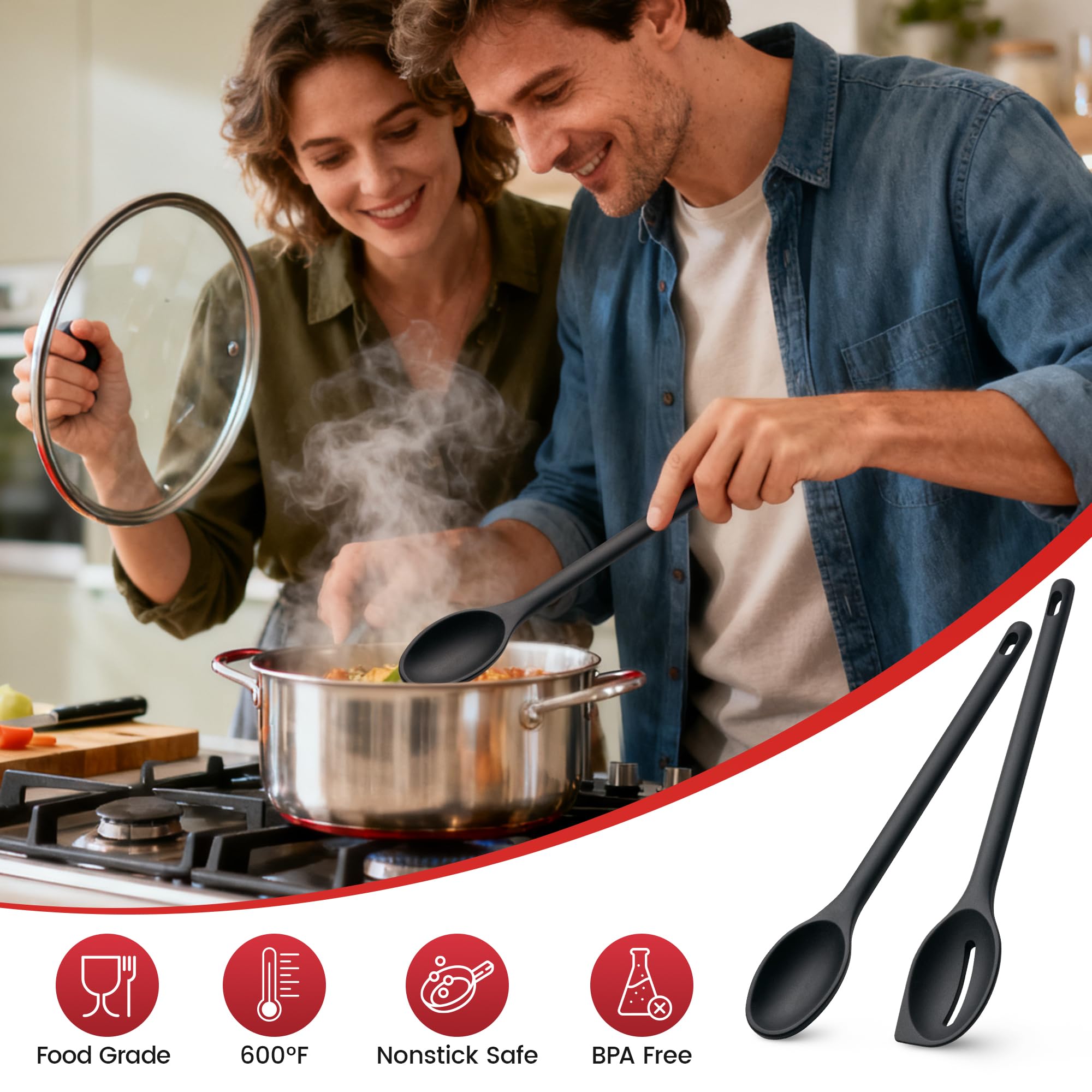 Silicone Spoons for Cooking, 600°F Heat Resistant Cooking Spoon with Solid & Slotted Spoon for Mixing, Serving, Stirring, Scraping, BPA Free Silicone Kitchen Utensil Set, Dishwasher Safe (2Pcs, Black)