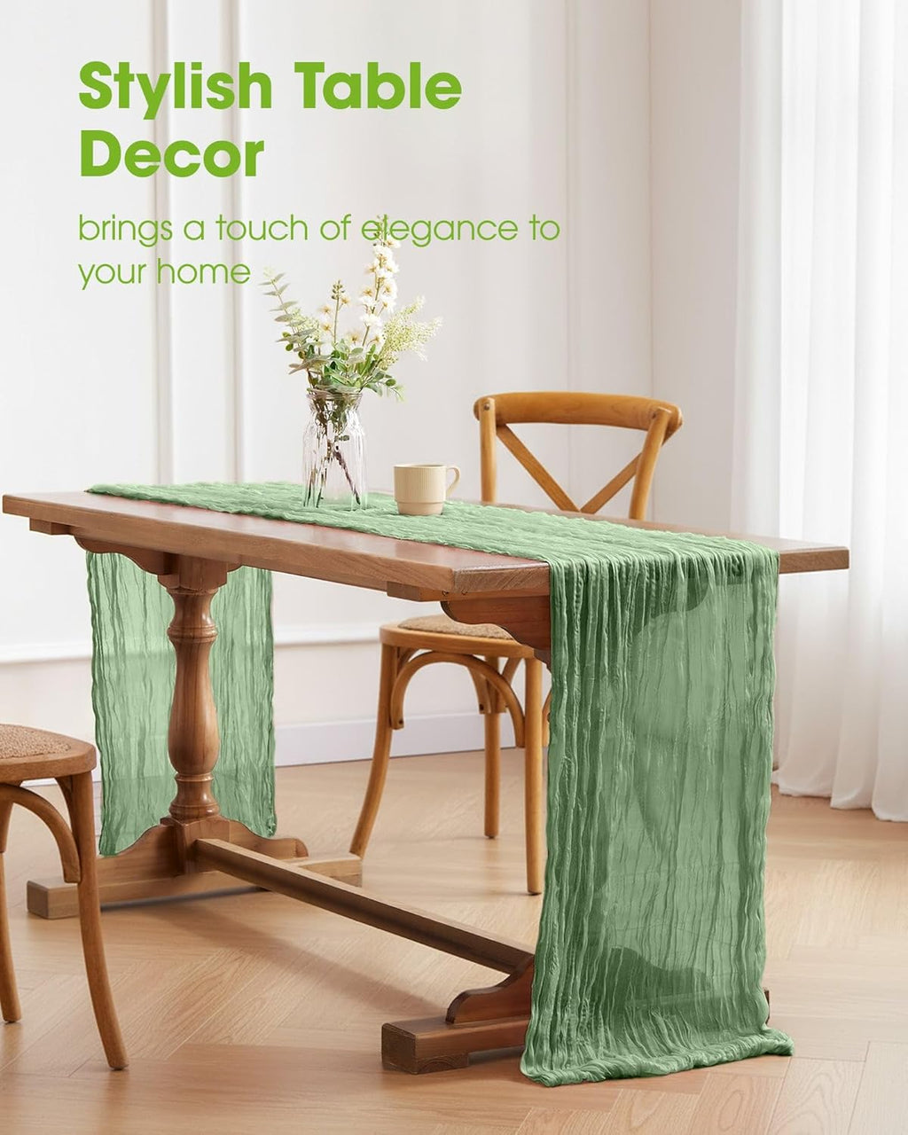 Pureegg Cheesecloth Table Runner - 120'' Sage Green Boho Decor for Easter, Weddings & Parties