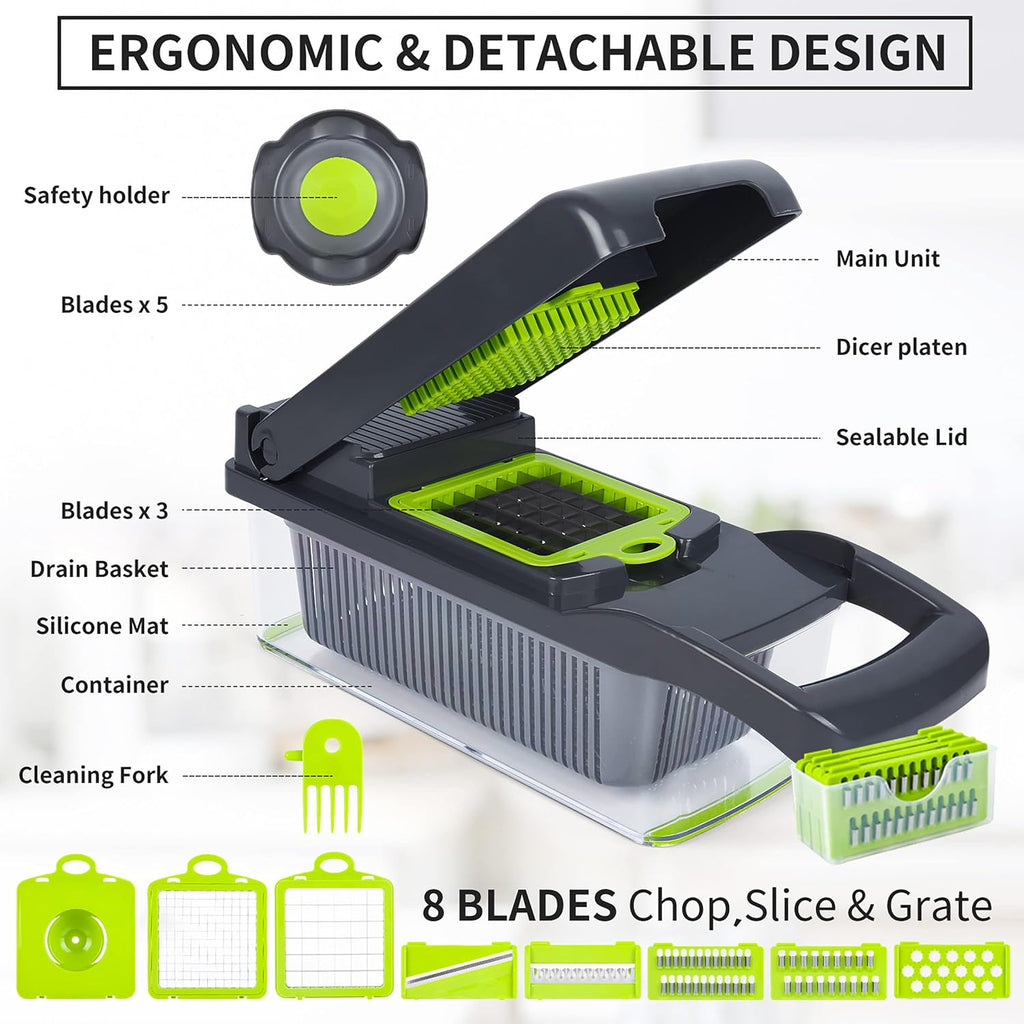 Skiennix Vegetable Chopper - Multifunctional 10-in-1 Mandoline Slicer & Dicer | Gray/Green Kitchen Gadget