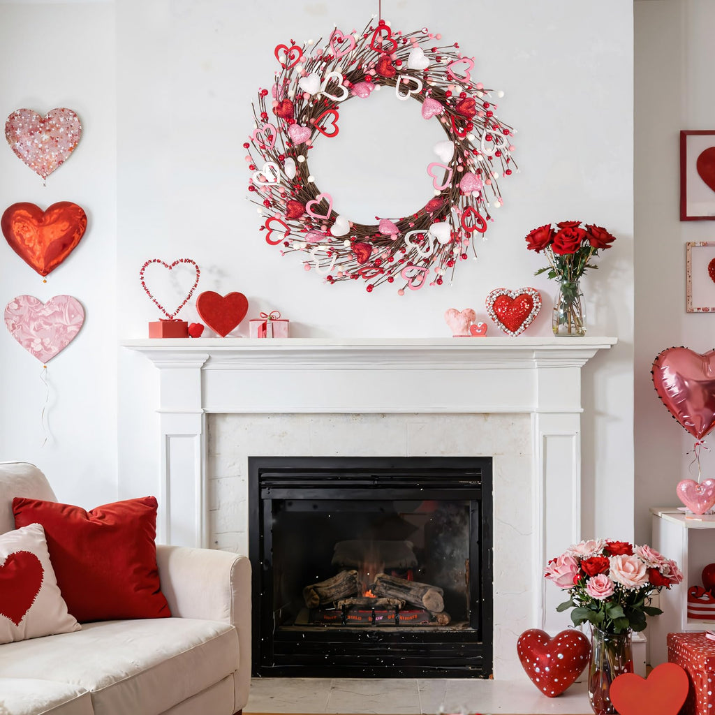 Ouddy Decor 20'' Valentine's Wreath for Front Door with Artificial Red Pink White Wooden Heart Shaped Berries for Valentines Gifts Romantic Night Event Anniversary Wedding Engagement Home Decorations