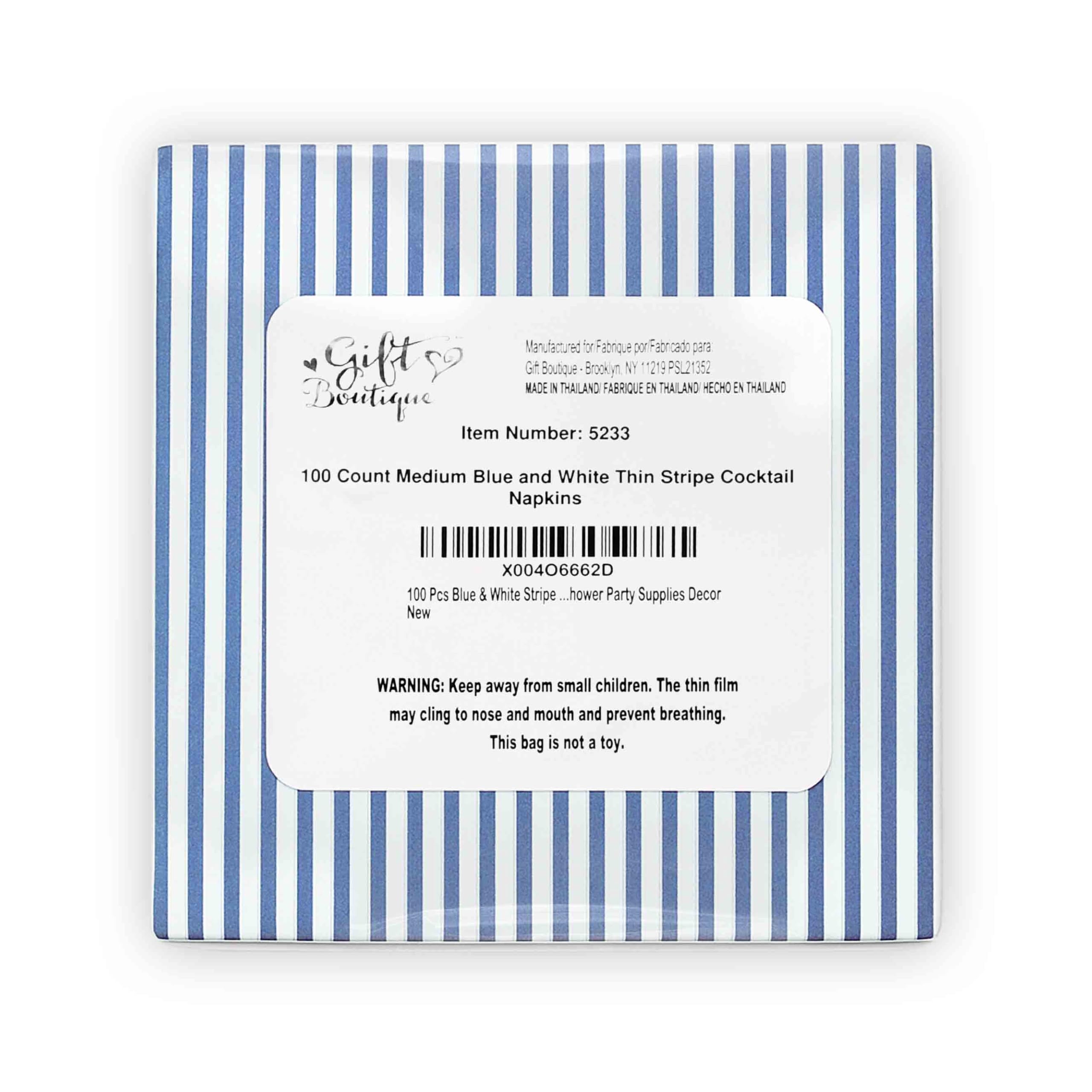 100 Pcs Blue & White Stripe Cocktail Beverage Napkins Disposable Paper Thin Striped Dessert Napkin for Birthday Baby Shower Party Supplies Decor