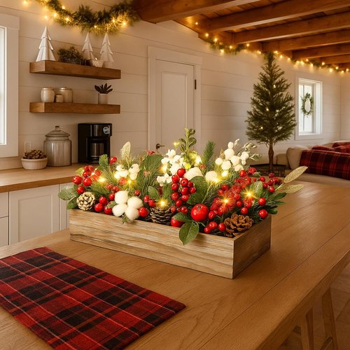 Leinuosen Christmas Table Centerpieces - 30 Pcs Floral Berry Rattan Garland with LED Lights for Winter Decor