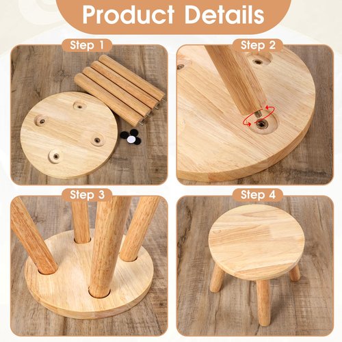 FdcZeyxior Natural Solid Wood Step Stool 9 Inch Short Sit Chair Portable Round Small Four Legged Wooden Sitting Stool for Adults Bathroom Classroom Bedroom Kitchen Plant Stand Decor, Detachable