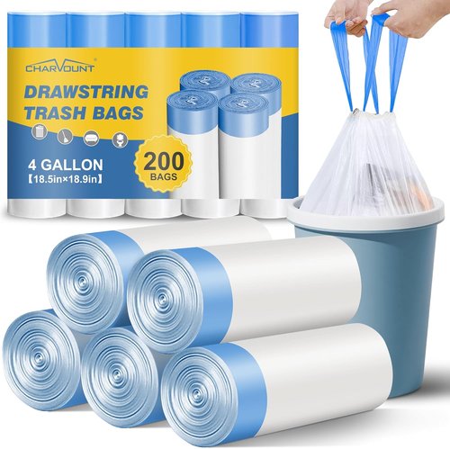 Charmount 4 Gallon Small Trash Bags - 200 Count Drawstring Mini Garbage Liners for Home & Office
