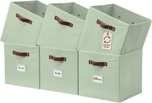 DECOMOMO Storage Bins - Fabric Cube Storage with Labels for Shelves | 10.5" x 11" | 6pcs, Sage Green