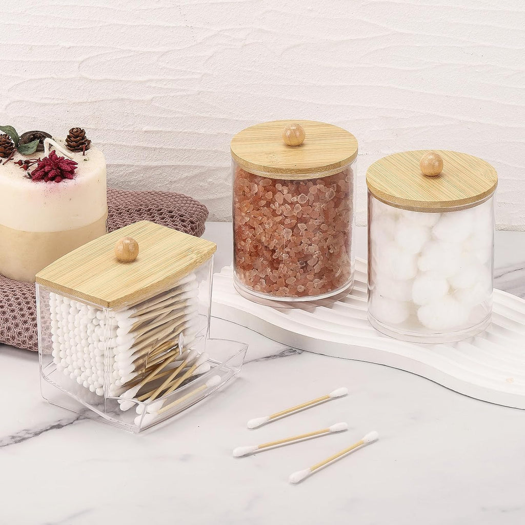 Tbestmax Q-Tips Dispenser - Stylish Bathroom Container with Bamboo Lid | 10/12 oz Cotton Ball Holder